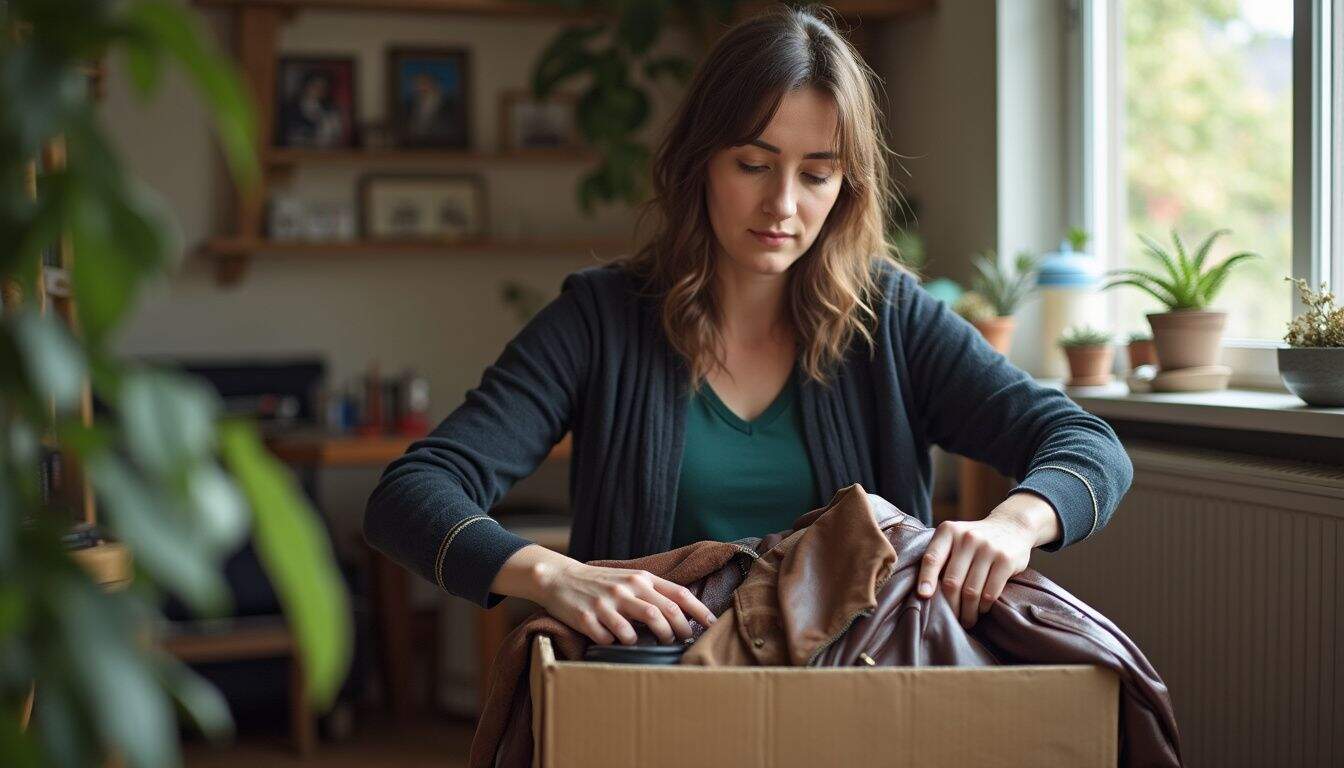 A woman in her 30s organizes leather jackets and vinyl records in a cluttered, cozy home space. A woman in her 30s organizes leather jackets and vinyl records in a cluttered, cozy home space.