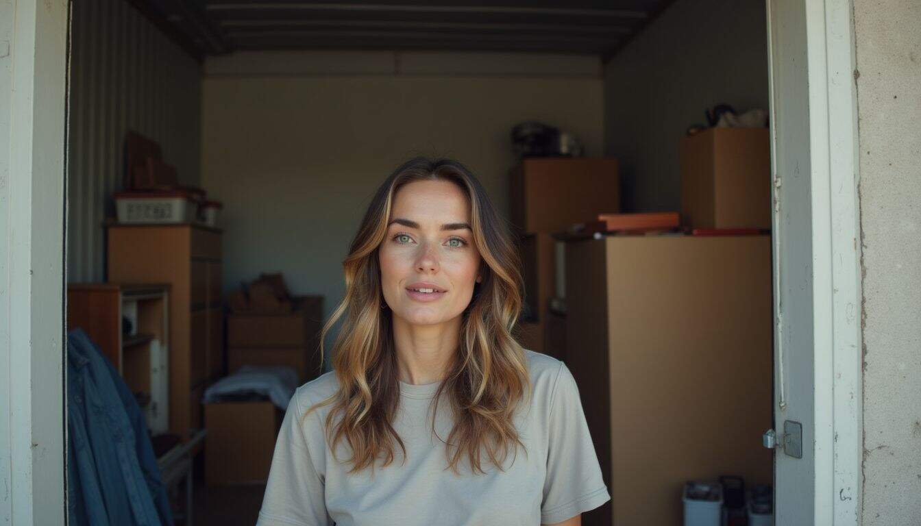 A casually dressed woman examines furniture in a cluttered storage unit, capturing an everyday moment. A casually dressed woman examines furniture in a cluttered storage unit, capturing an everyday moment.