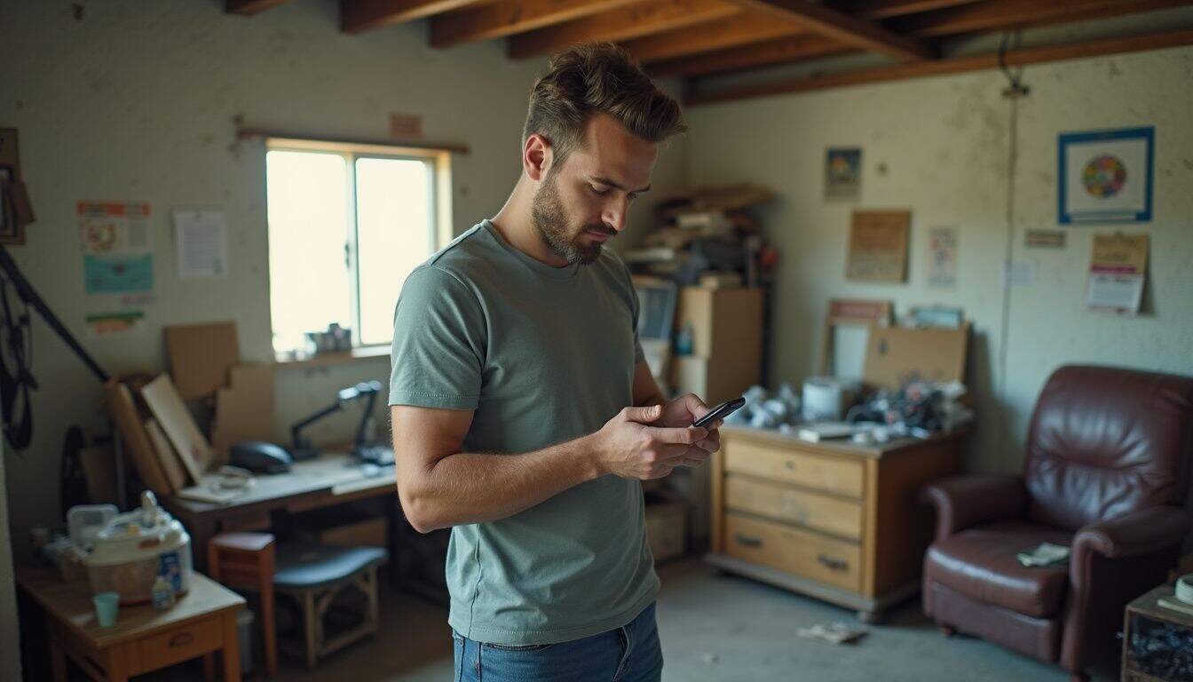 A casually dressed man in his 30s scrolls through information about storage units in a cluttered office. A casually dressed man in his 30s scrolls through information about storage units in a cluttered office.