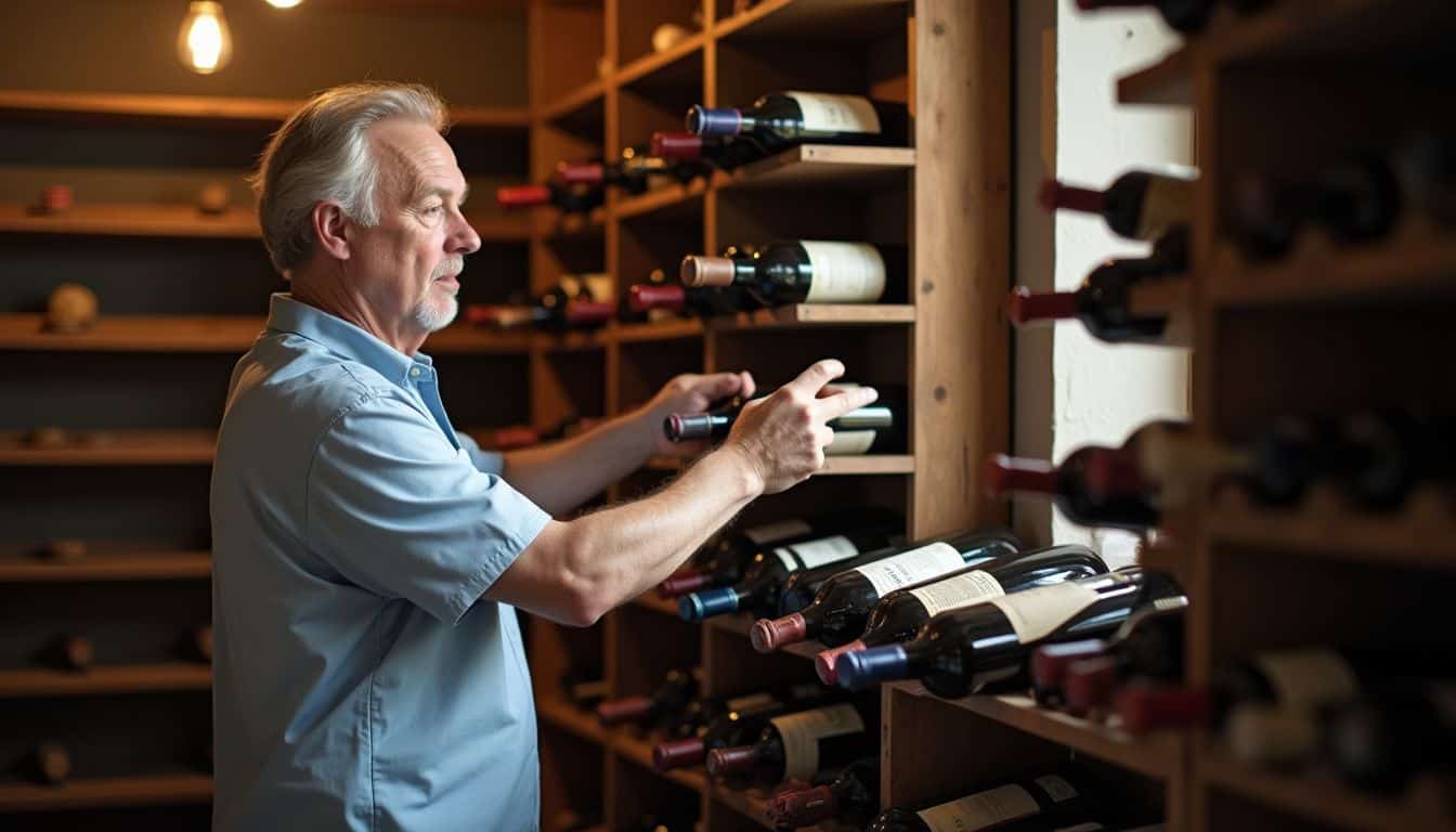 A middle-aged man is casually organizing wine bottles in a traditional cellar. A middle-aged man is casually organizing wine bottles in a traditional cellar.