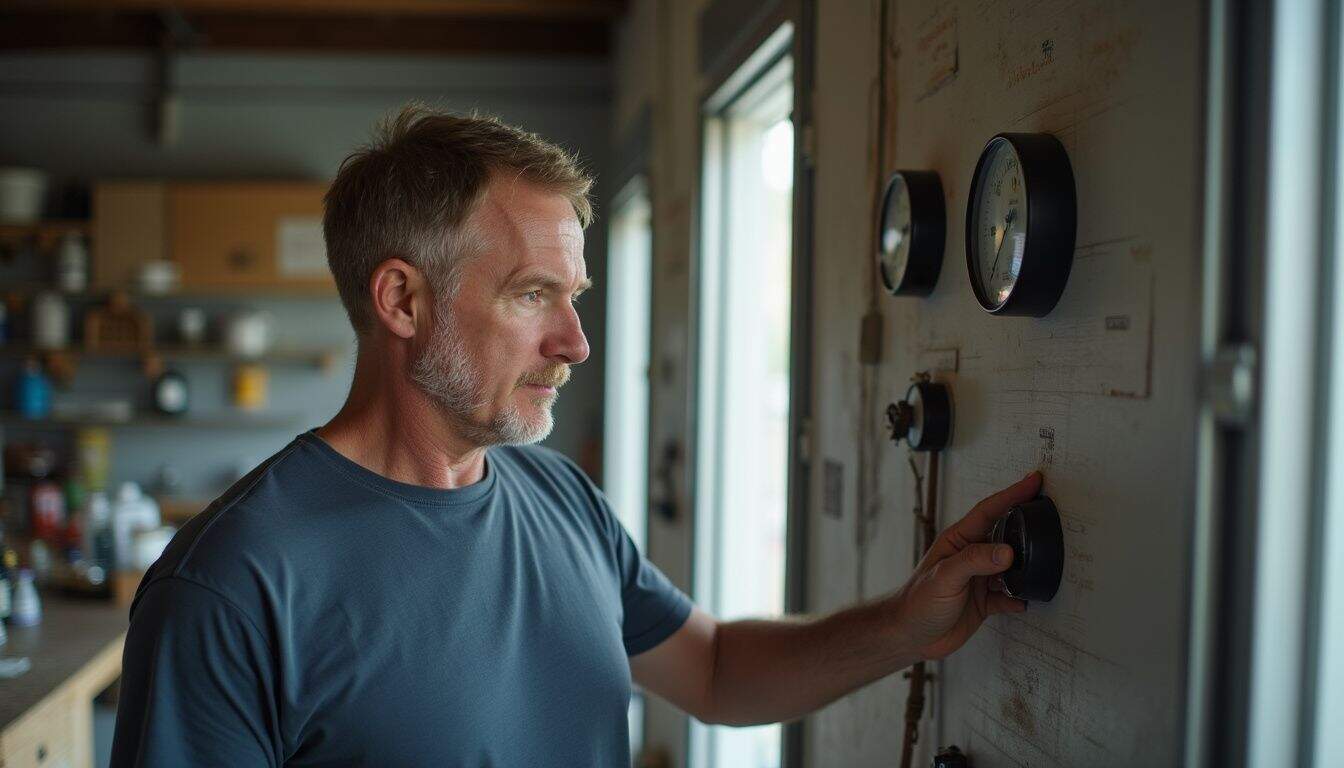 A middle-aged man examines temperature and humidity gauges in a cluttered storage unit. A middle-aged man examines temperature and humidity gauges in a cluttered storage unit.