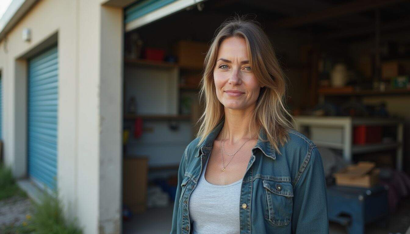 A relaxed woman in her late 30s stands casually outside a worn storage unit filled with damp, disorganized items. A relaxed woman in her late 30s stands casually outside a worn storage unit filled with damp, disorganized items.