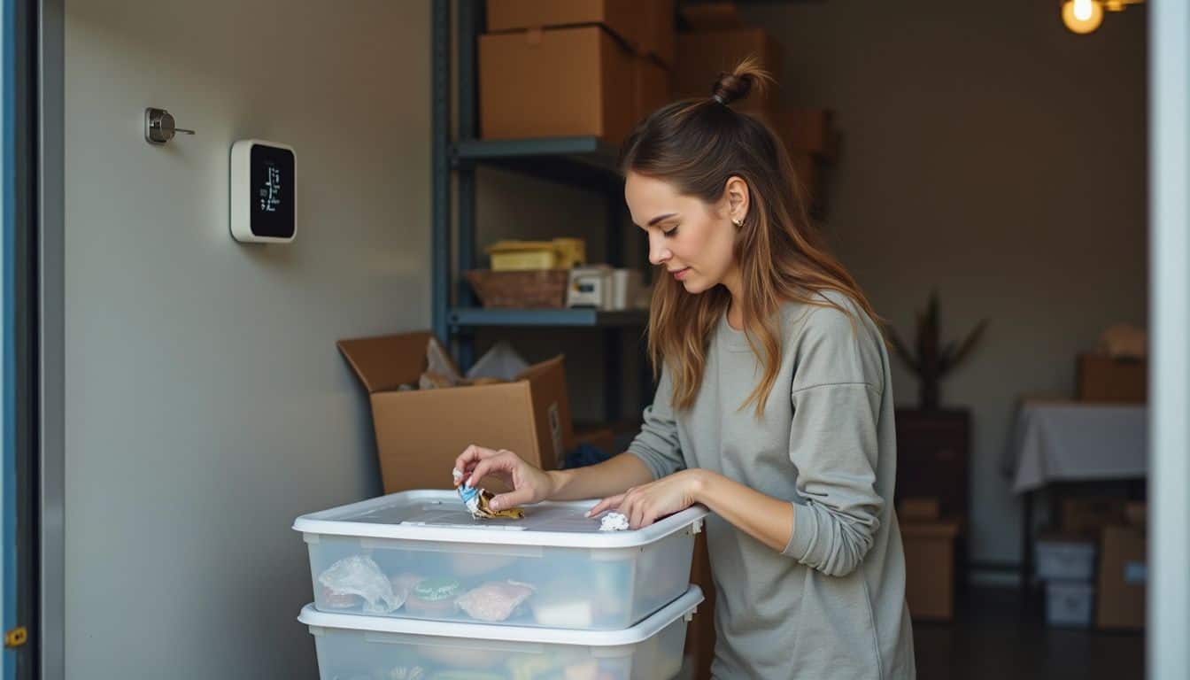 A woman in her 30s organizes items in a cluttered storage unit, focusing on packing everyday essentials. A woman in her 30s organizes items in a cluttered storage unit, focusing on packing everyday essentials.