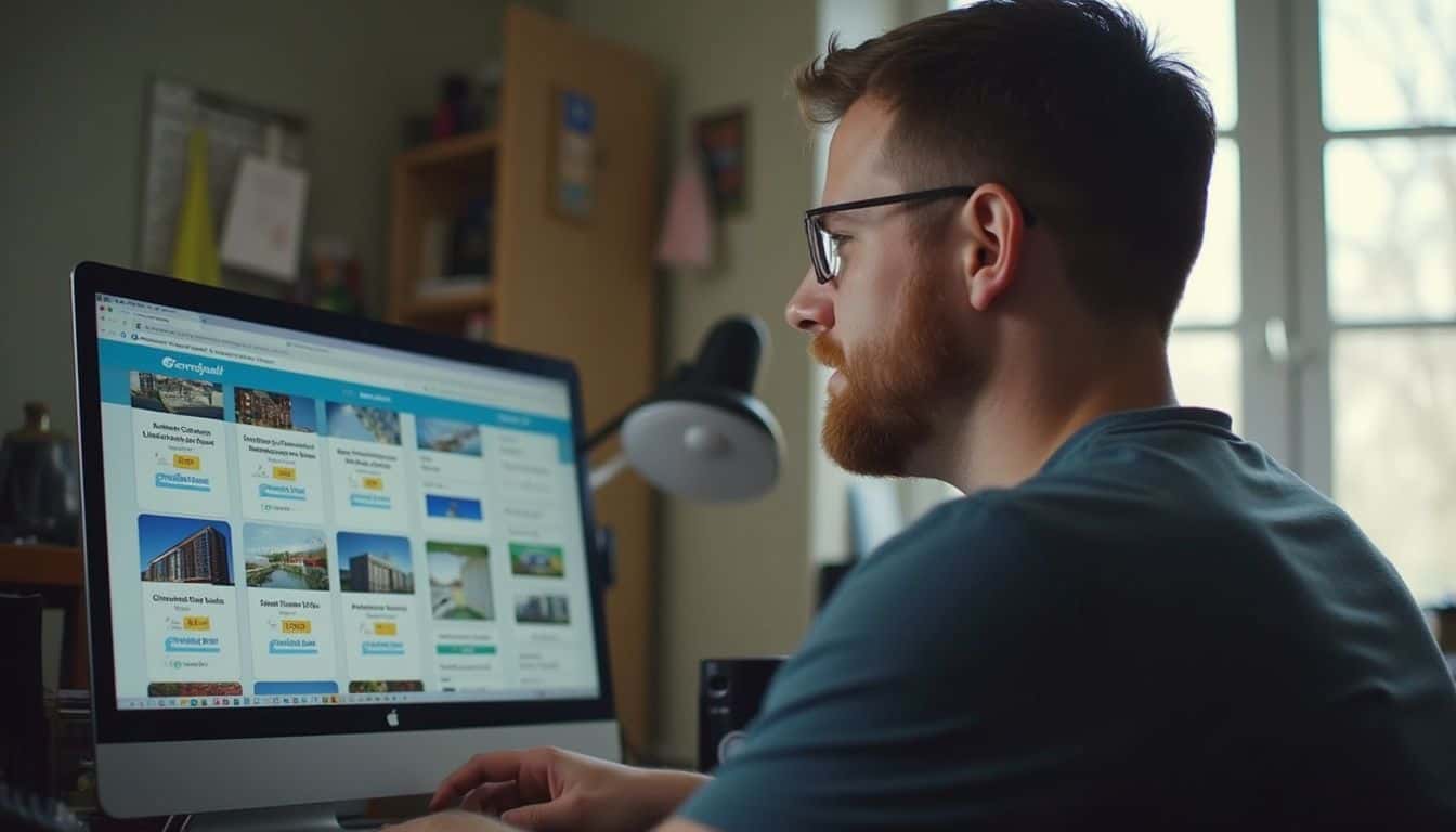 A man in his 30s browses prices for climate-controlled storage units on his computer in a casual, lived-in setting. A man in his 30s browses prices for climate-controlled storage units on his computer in a casual, lived-in setting.