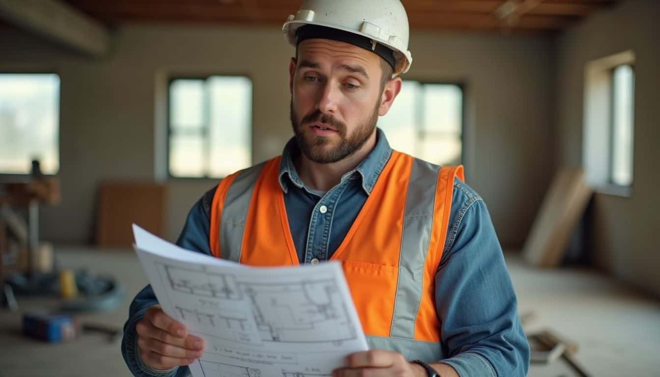 A man in a hard hat and safety vest studies a blueprint in a busy storage area. A man in a hard hat and safety vest studies a blueprint in a busy storage area.