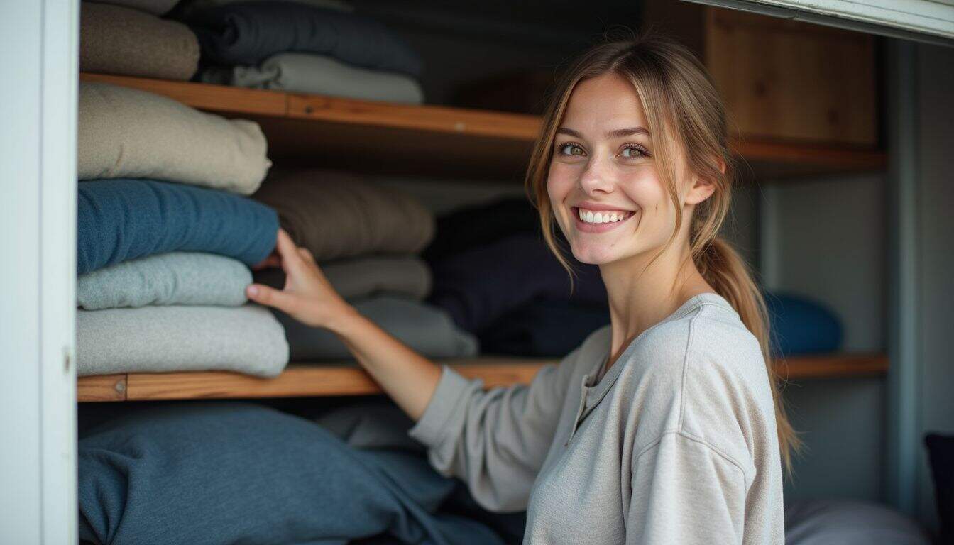 A woman in her 30s opens a casual storage unit filled with folded clothes and everyday items. A woman in her 30s opens a casual storage unit filled with folded clothes and everyday items.