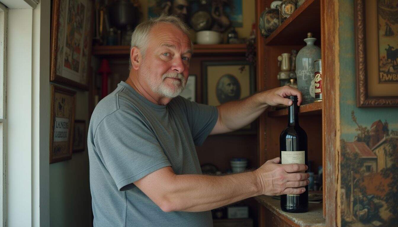 A middle-aged man casually places a vintage wine bottle into a cluttered storage space filled with collectibles and artwork. A middle-aged man casually places a vintage wine bottle into a cluttered storage space filled with collectibles and artwork.