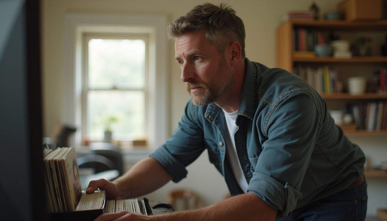 A casual guy in his 30s organizes a big TV and vinyl records in a cluttered storage unit. A casual guy in his 30s organizes a big TV and vinyl records in a cluttered storage unit.