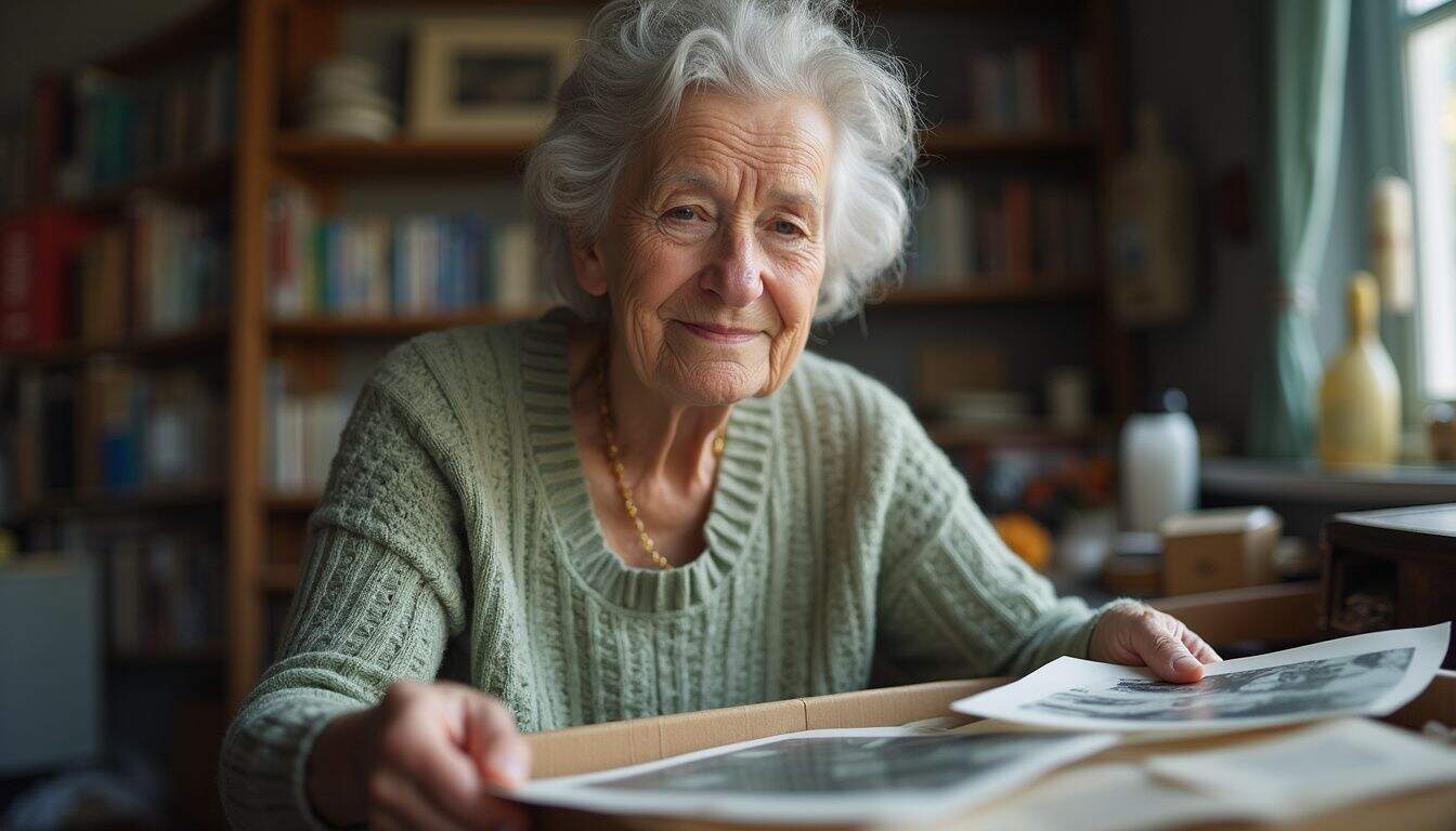 An older woman thoughtfully sorts through a box of family photos and papers in her cluttered home. An older woman thoughtfully sorts through a box of family photos and papers in her cluttered home.