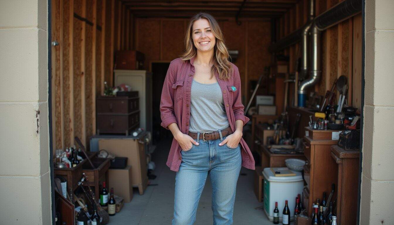 A woman stands in a cluttered storage unit filled with wine bottles, musical instruments, and old furniture. A woman stands in a cluttered storage unit filled with wine bottles, musical instruments, and old furniture.