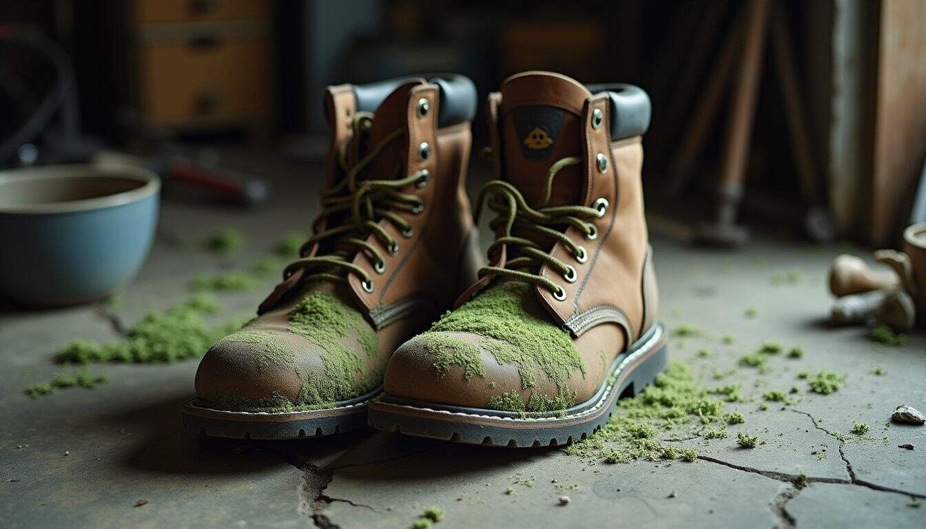 A pair of worn work boots, covered in mold, rests on a cracked concrete floor amid scattered tools. A pair of worn work boots, covered in mold, rests on a cracked concrete floor amid scattered tools.