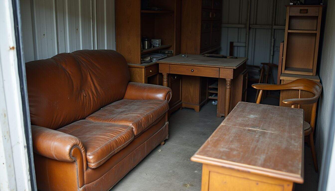 A lived-in storage unit features worn furniture and a casually present person, reflecting a simple, unpolished atmosphere. A lived-in storage unit features worn furniture and a casually present person, reflecting a simple, unpolished atmosphere.