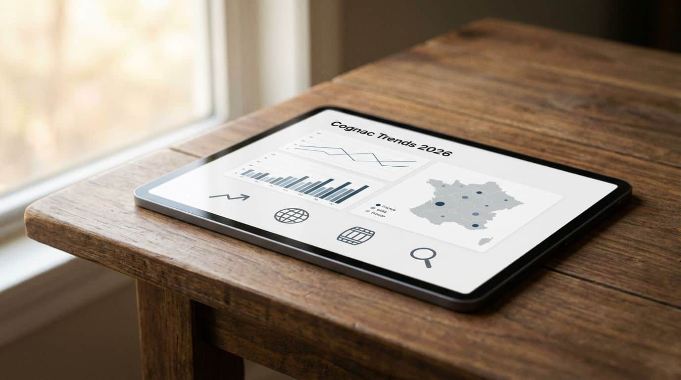 Digital tablet displaying 2026 Cognac market trends and analytics.