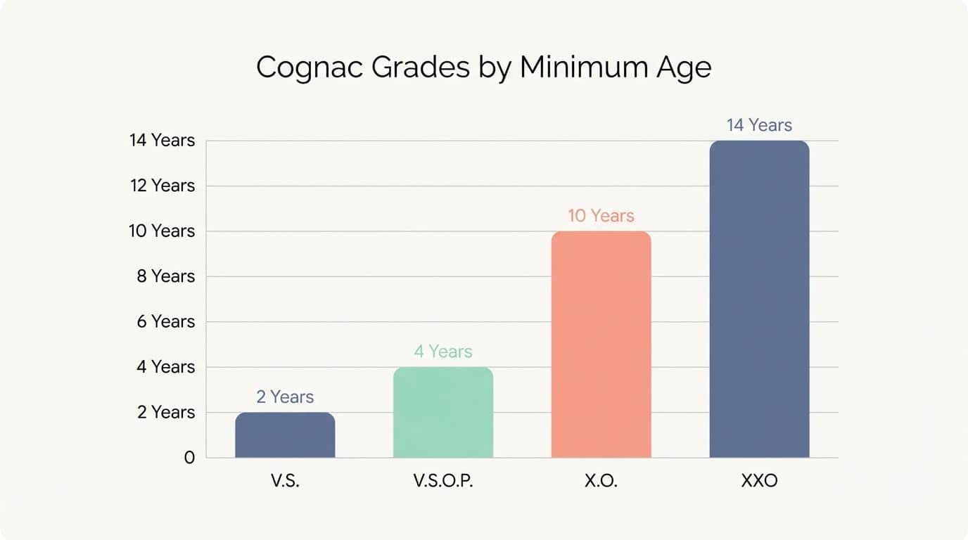 Bar chart comparing the minimum aging requirements for V.S., V.S.O.P., X.O., and XXO grades.