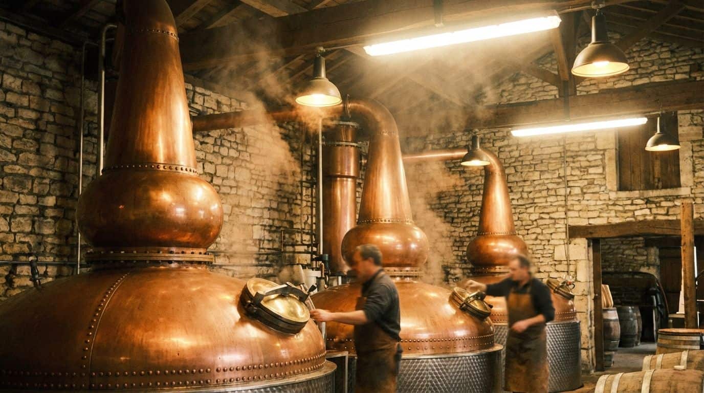 Traditional copper pot stills inside a French cognac distillery.