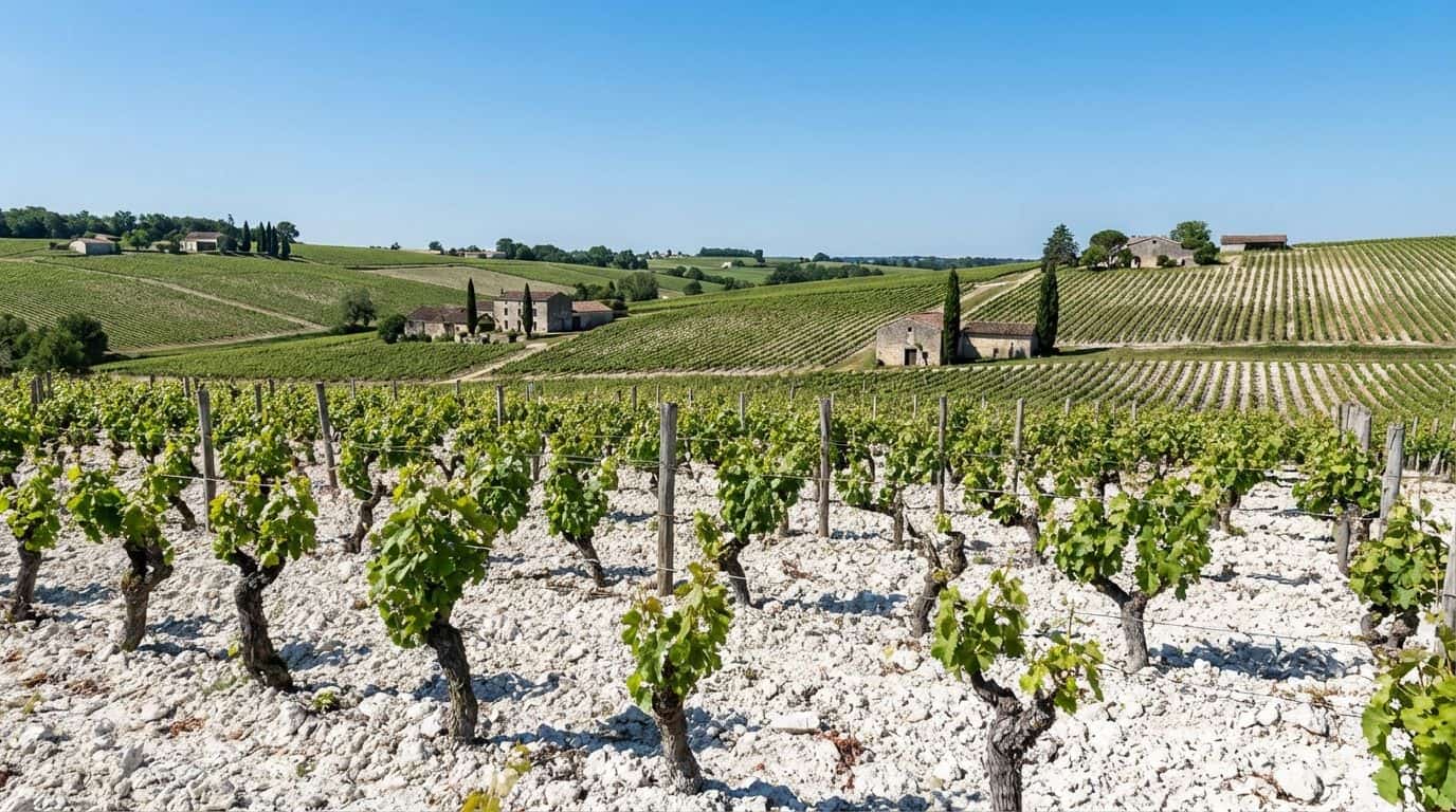 Landscape view of the Grande Champagne vineyard showing the distinct white chalky soil.