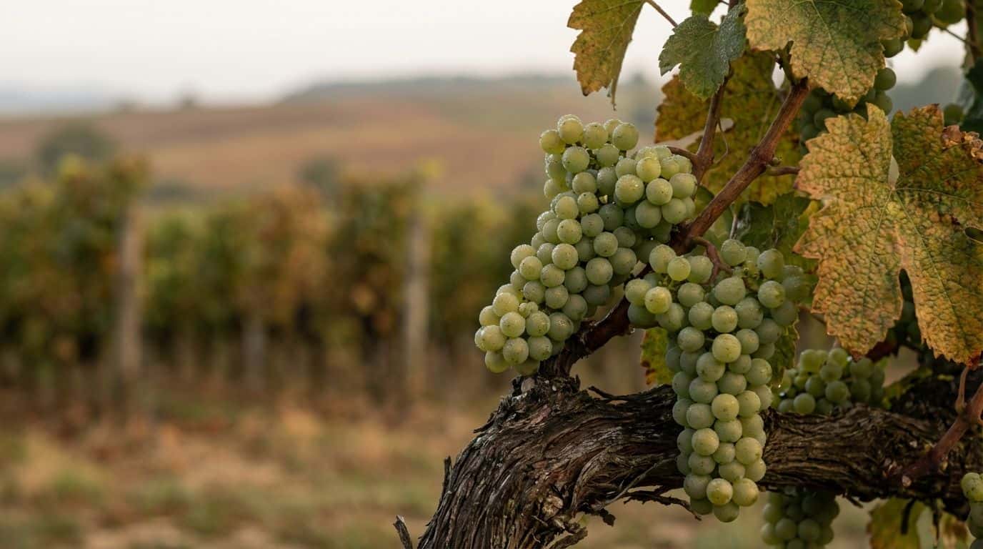 Close-up of Ugni Blanc grapes on the vine in a French vineyard.
